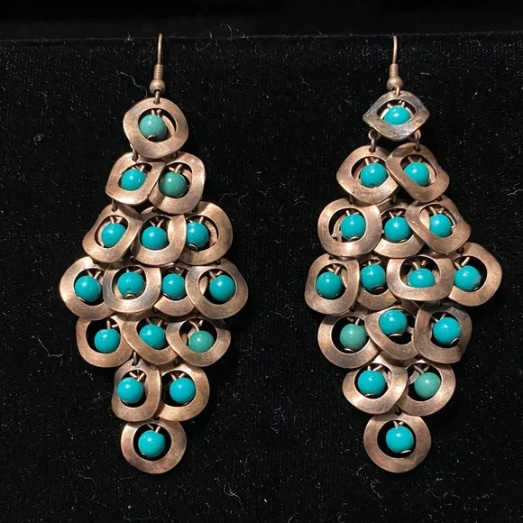 Elegant vintage Turquoise and metal Chandelier Earrings - Picture 3 of 16
